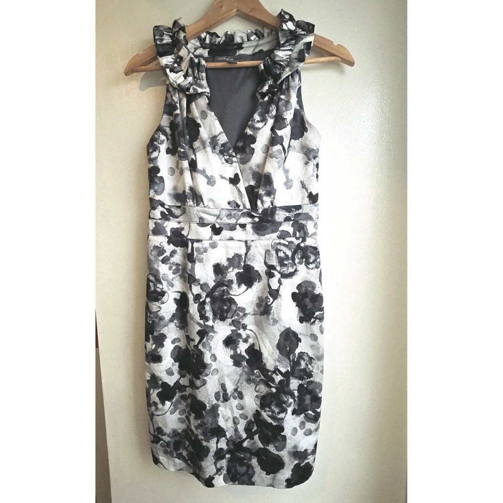 Donna Ricco Black White Floral Dress V Neck Halter Sleeveless Ruffle Size 10P